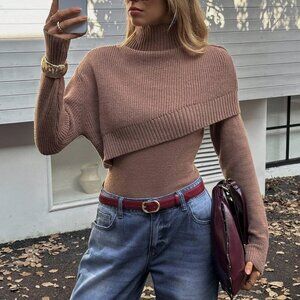 Brown Casual Women's High Neck Asymmetrical Pullover Sweater